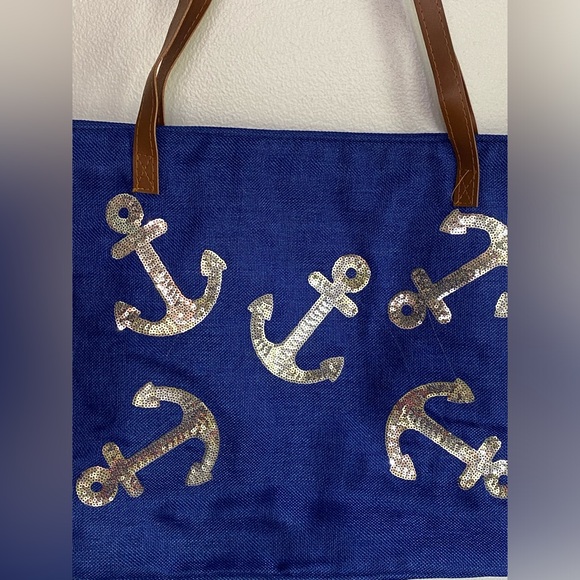 Isla Bonita Dark Blue Silver Sequined Anchors Woven Lined Beach Tote NWT - Picture 2 of 7